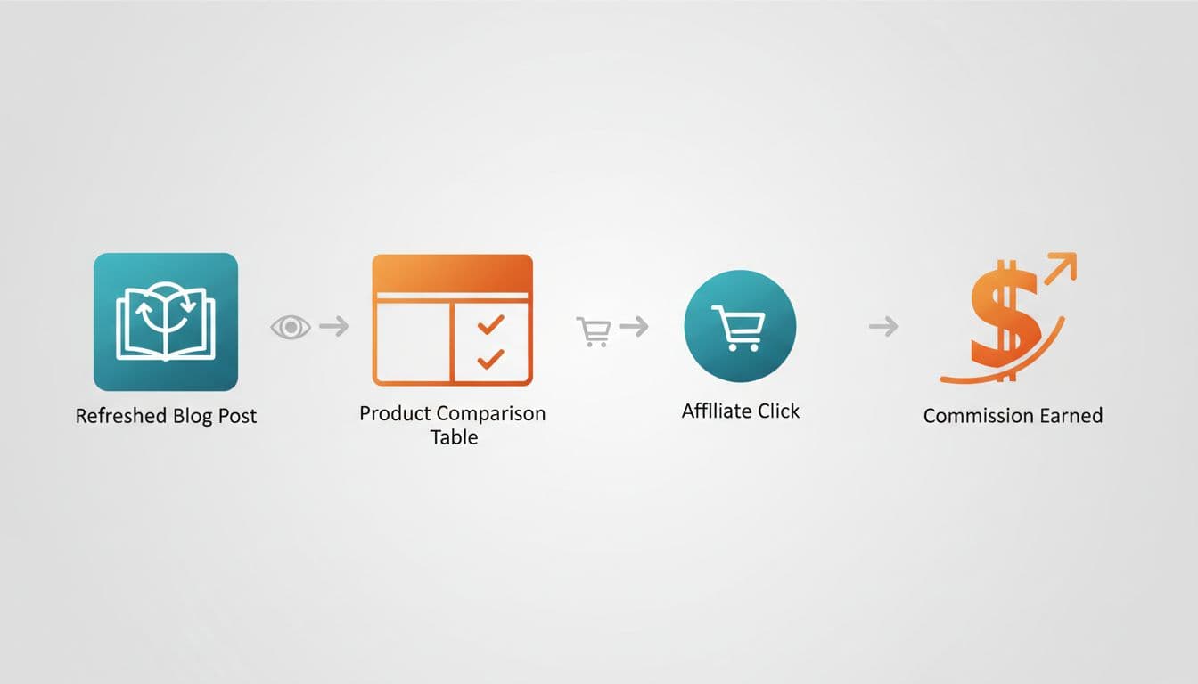 Modern flat vector diagram illustrating a simple sales funnel from refreshed blog post icon to product comparison table, affiliate click button, and commission dollar sign, connected by arrows with view and click icons.