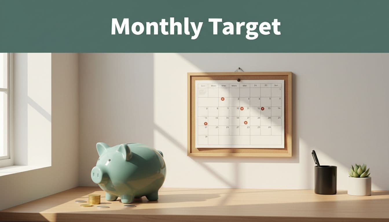 Monthly savings target calendar and piggy bank
