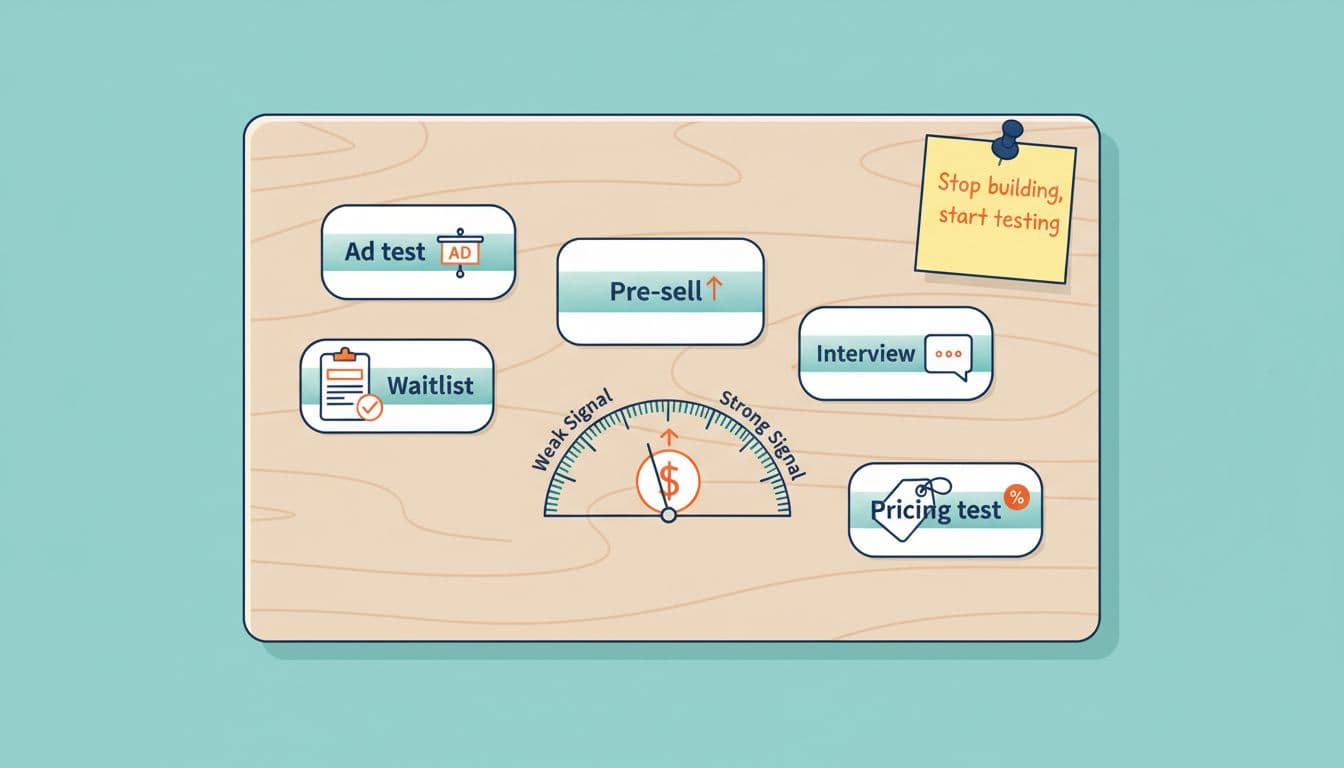 Clean modern vector flat illustration of an experiment toolkit for niche validation on a wooden board, featuring cards labeled Ad test, Waitlist, Pre-sell, Interview, and Pricing test with icons, a central signal strength gauge, and a sticky note saying 'Stop building, start testing'.