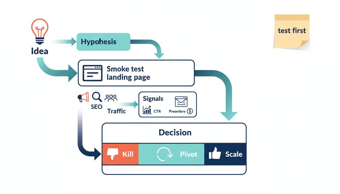 Clean modern vector flat illustration of a flowchart-style funnel for niche validation, from Idea lightbulb to Decision paths via Hypothesis, Smoke test landing page, Traffic, and Signals like CTR and signups.