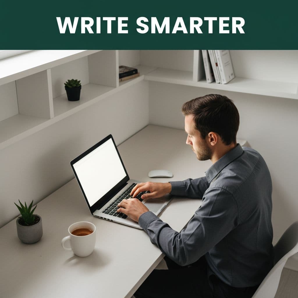 A person works on a laptop in a clean, modern home office setting from a top-down perspective.
