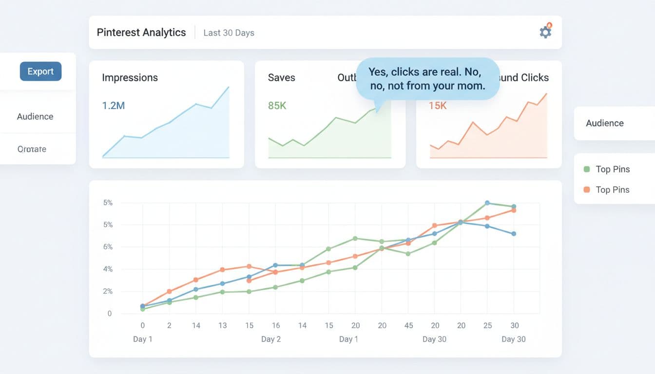 Screenshot-style illustration of a Pinterest analytics panel showing increasing impressions, saves, and outbound clicks over 30 days, with a humorous annotation on the clicks graph.
