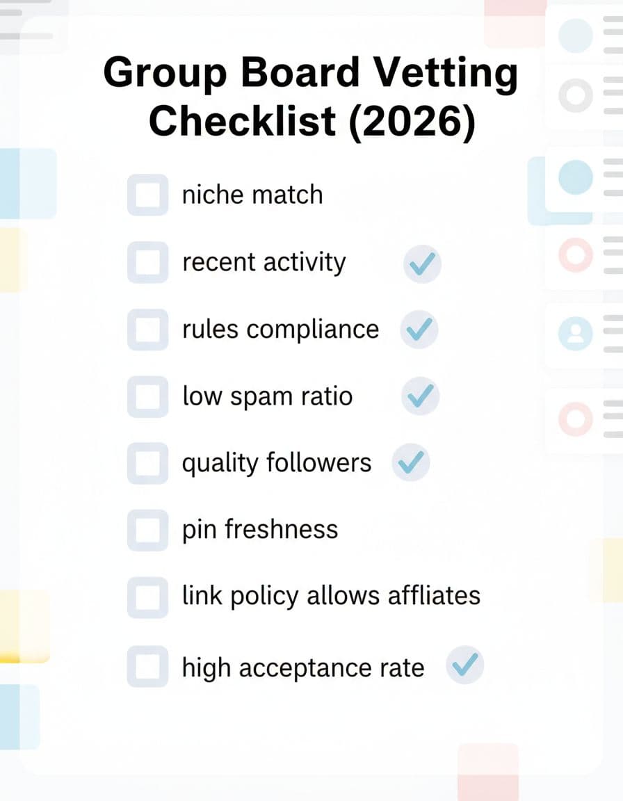 A clean, modern vertical checklist graphic in portrait ratio for vetting Pinterest group boards, featuring checkboxes for niche match, recent activity, rules compliance, low spam ratio, quality followers, pin freshness, affiliate link policy, and high acceptance rate.