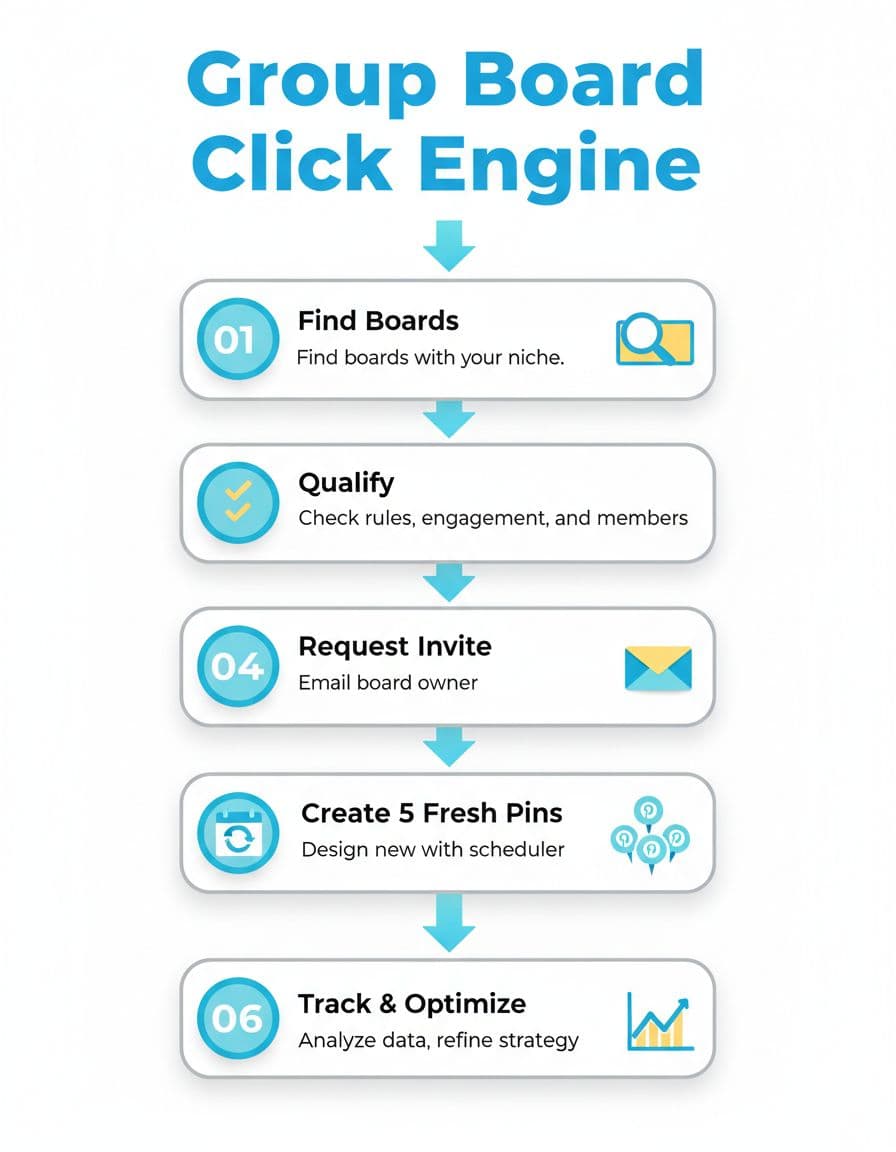 Portrait infographic illustrating the 6-step flow for using Pinterest group boards in the 'Group Board Click Engine' process, featuring clean modern marketing design with arrows connecting steps like finding boards, qualifying, requesting invites, creating pins, scheduling, and tracking.