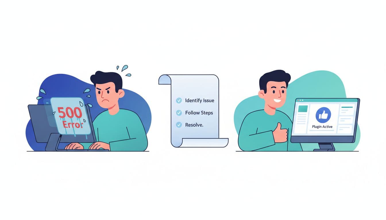 Clean professional landscape illustration split into three parts: left shows frustrated person at computer with 500 error screen, middle unrolls step-by-step checklist, right depicts happy user on simple dashboard tool interface. Modern flat vector style with blue/teal accents and humorous elements like sweat drops and thumbs-up.