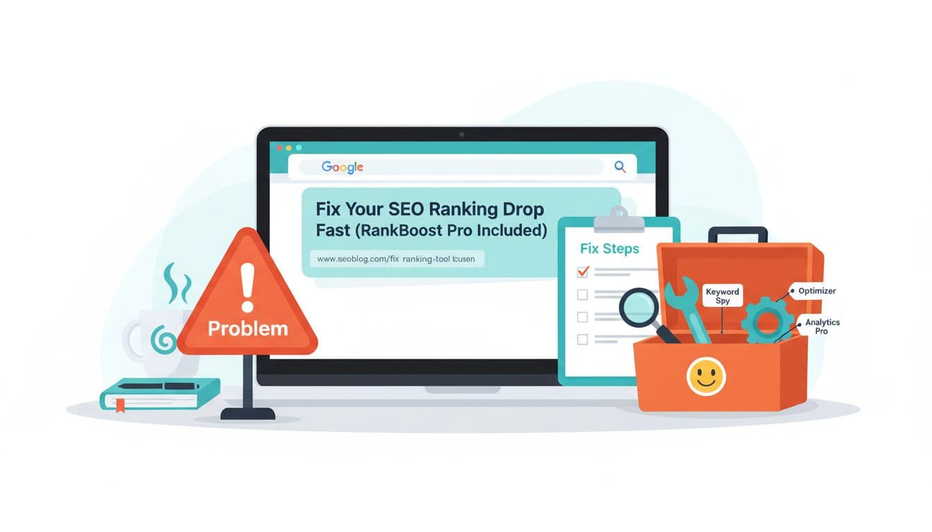 Clean professional hero illustration in landscape ratio featuring a laptop displaying highlighted Google search results for a 'Fix [Problem] Fast' article, with a 'Problem' warning sign, 'Fix Steps' checklist, and smiling toolbox on a desk. Modern flat vector style with teal and orange accents, subtle office background.