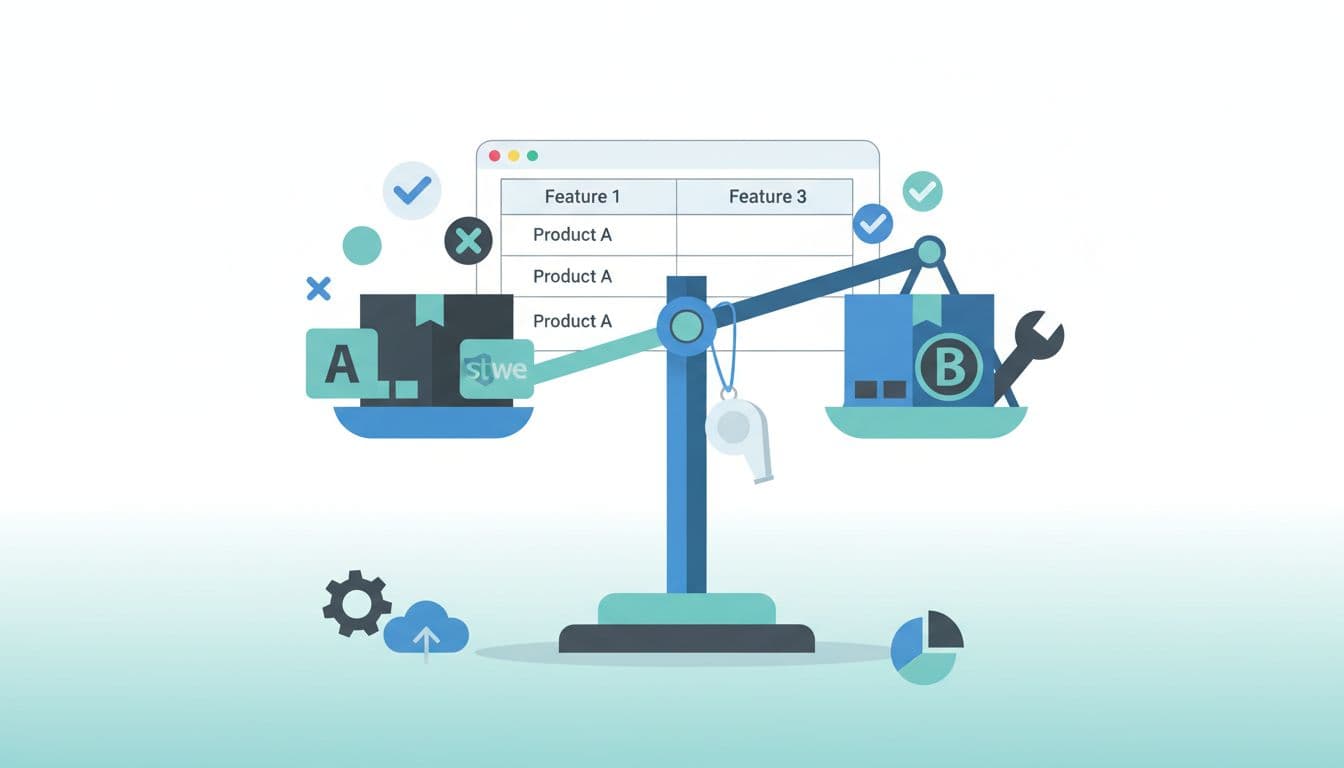 Clean flat vector illustration in blues and teals showing split-screen product comparison with balanced scale, checkmarks, X icons, and table UI.