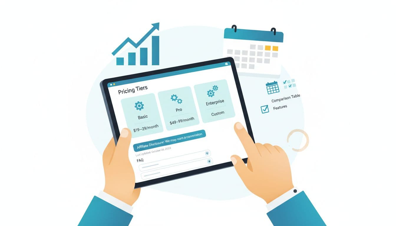 A clean, professional editorial illustration featuring a tablet mockup displaying a simple affiliate-friendly pricing page with tiers (Basic, Pro, Enterprise), affiliate disclosure, Last Updated note, and FAQ accordion, set on a desk with graphs, calendar, and a tiny coffee stain.