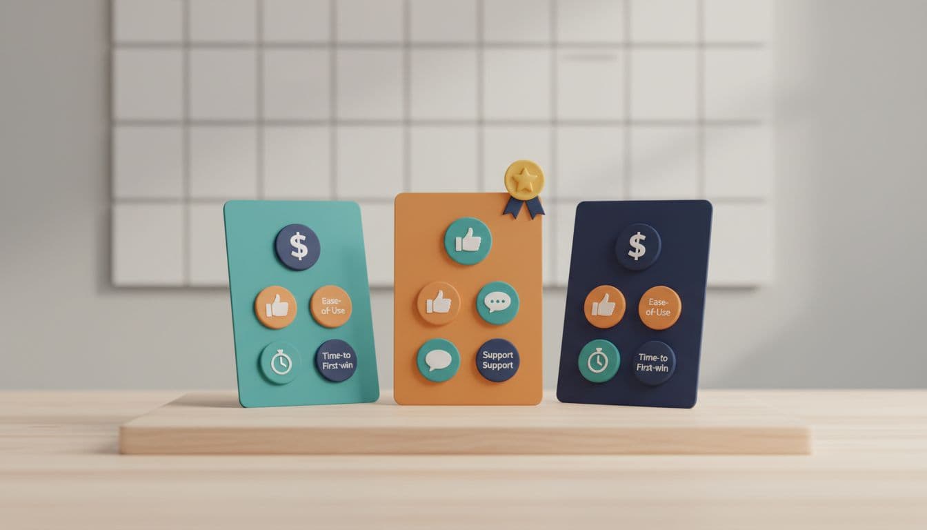 Modern flat-style illustration with subtle 3D depth showing three product cards on a wooden table, comparing price, ease-of-use, support, and time-to-first-win via icons, with the central card subtly highlighted against a neutral office background.