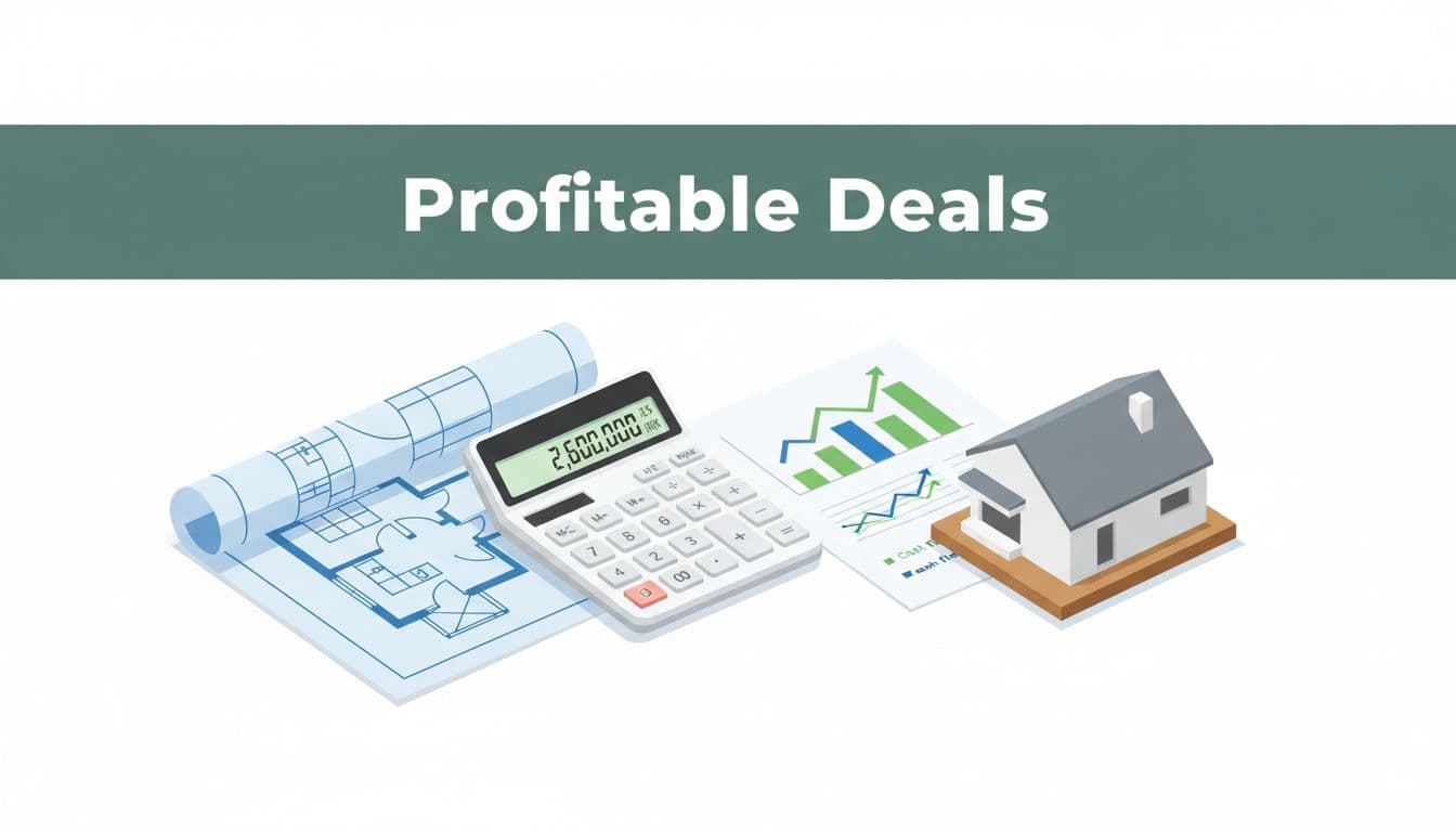 Dark green top band with 'Profitable Deals' white headline above desk-view calculator, property blueprint, cash flow charts, and house model.