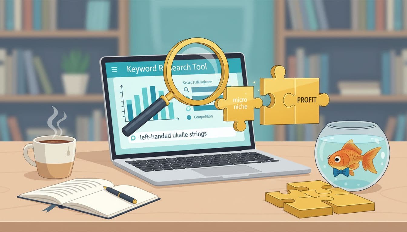 A professional hero illustration of a laptop in a cozy home office showing keyword research graphs for micro-niches like 'left-handed ukulele strings', with a magnifying glass over a glowing 'micro niche' puzzle piece fitting into a profit puzzle, and a humorous bowtie-wearing goldfish.