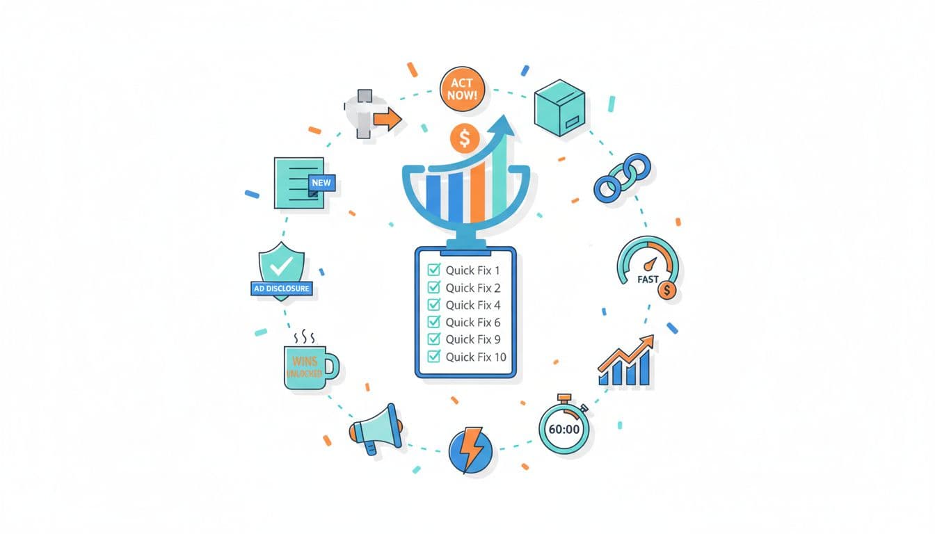 A professional 2D vector flat design illustration on a white background featuring a neatly arranged top 10 checklist of quick affiliate marketing fixes, surrounded by icons like CTA button, product box, link chain, speedometer, disclosure badge, revenue graph, 60-minute stopwatch, falling confetti, and a motivational coffee mug.