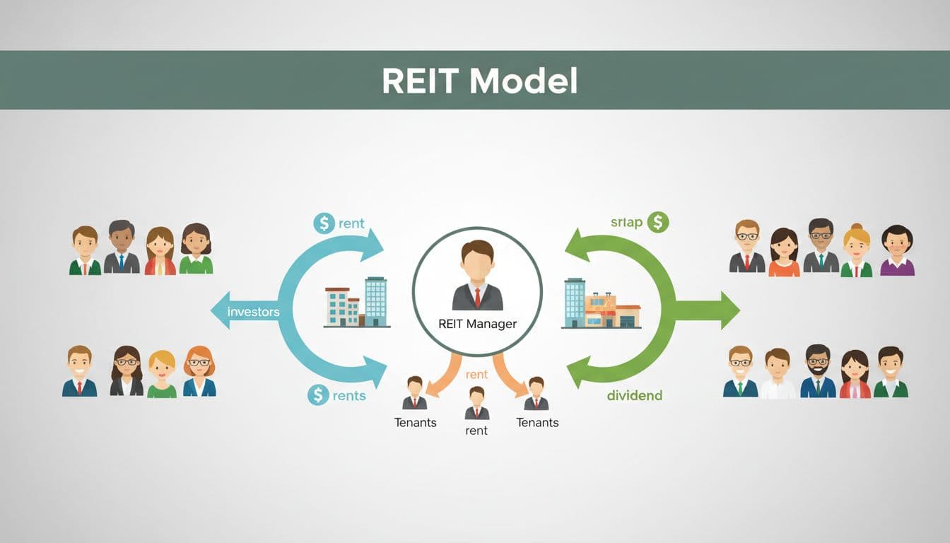 Investors on left send money arrows to central REIT manager with property icons; rent flows in, dividends return to investors on right.