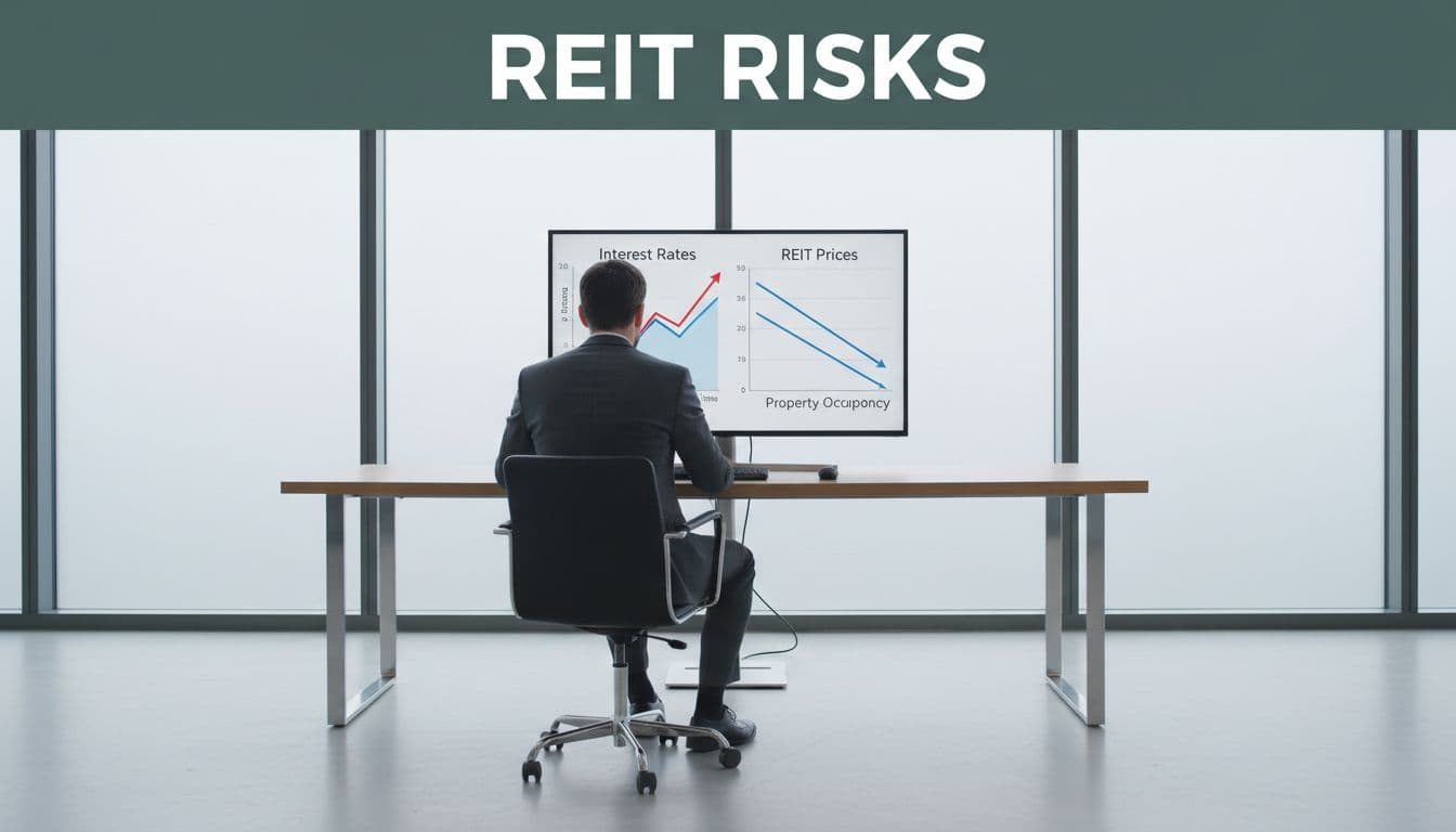 Investor at desk examines charts of rising interest rates and falling REIT prices plus occupancy under top 'REIT Risks' banner.