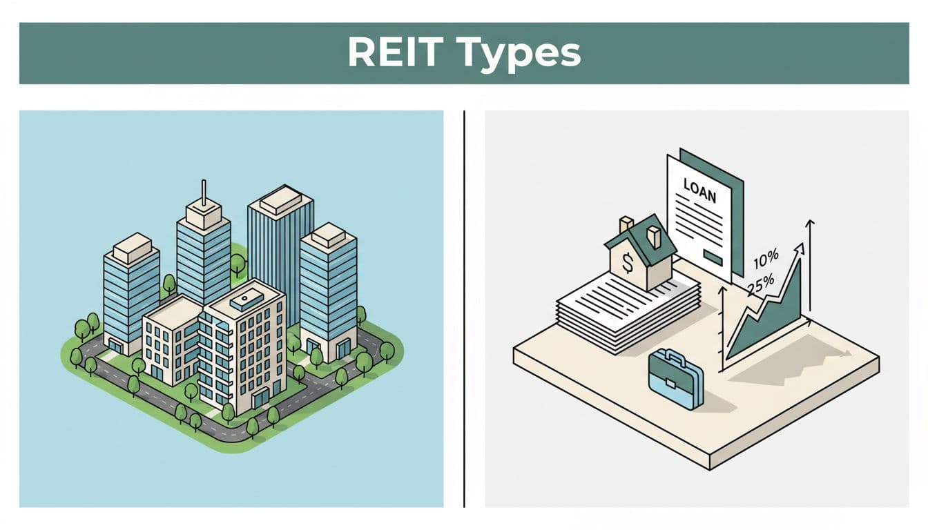 Side-by-side vector illustration: left suburban apartment and office cluster under blue sky; right loan documents, house icon, interest graph on desk; topped with dark-green 'REIT Types' band.