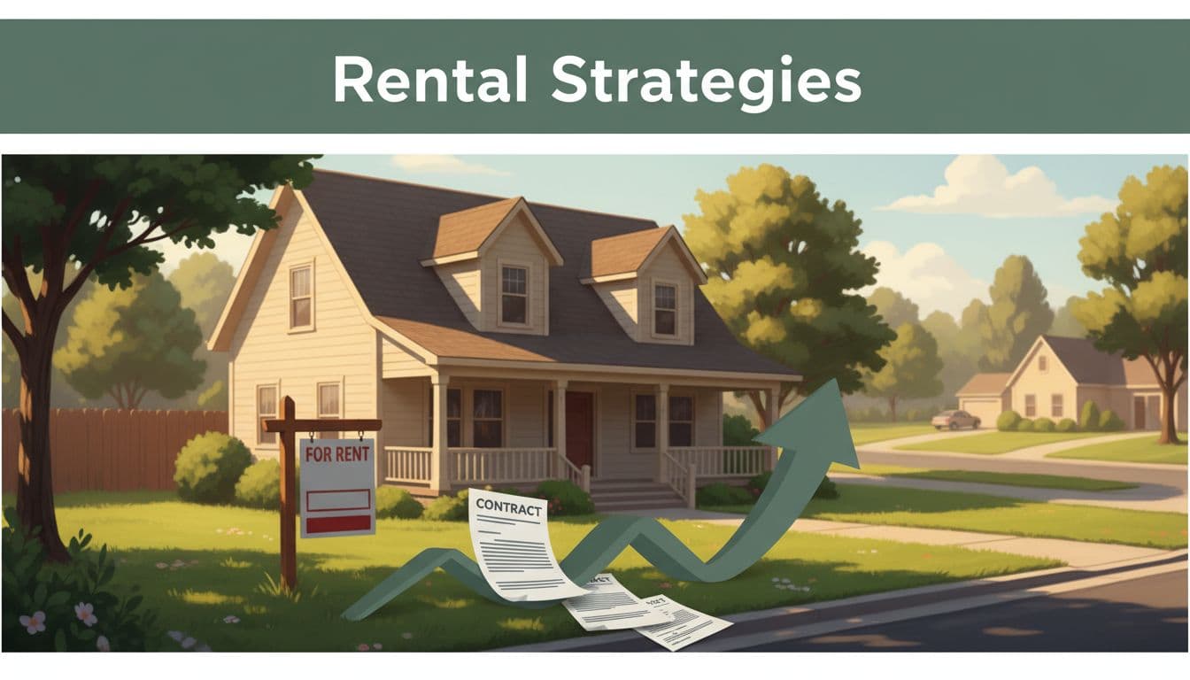 Suburban house with for-rent sign, rental papers, and upward income arrow under dark green 'Rental Strategies' header.