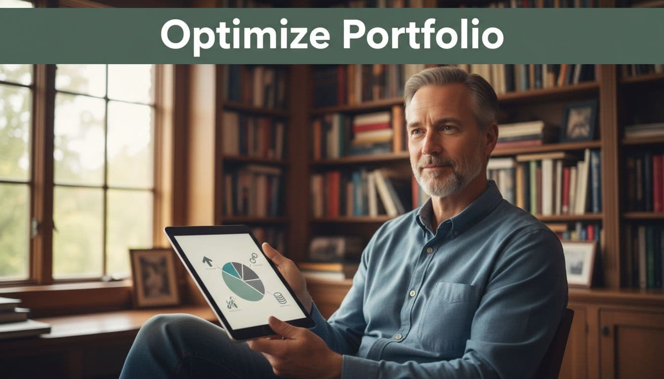 A 50-year-old man reviews a balanced investment portfolio pie chart on a tablet in a home study with bookshelves, under even daylight lighting. Bold 'Optimize Portfolio' headline in a dark-green band at the top.