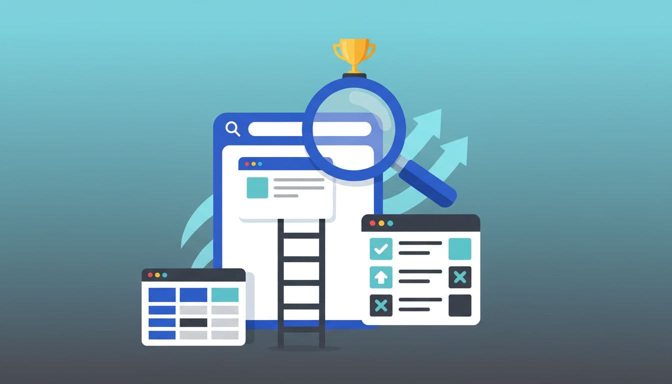 Clean professional flat vector illustration of a webpage icon climbing a ladder in search results, inspected by a magnifying glass with growth charts and a trophy.
