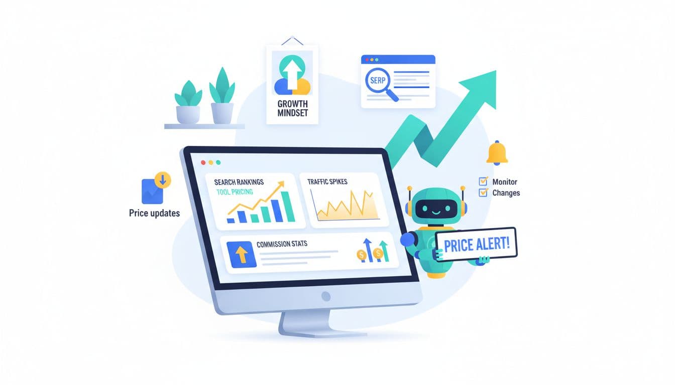 Professional flat vector illustration of a dashboard displaying climbing search rankings, traffic spikes, and affiliate commissions for tool pricing SEO performance, set in a cozy office with a robot assistant holding a price alert sign.
