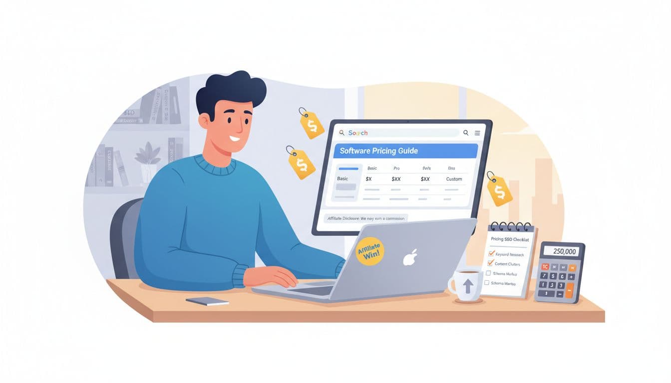 Clean professional illustration of a marketer in a home office focused on a laptop showing Google search results for tool pricing, with floating price tags, calculator, and SEO checklist notepad. Modern flat vector style in blue, teal, and yellow tones.