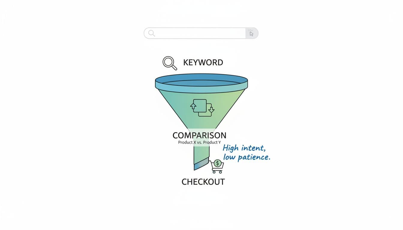 A clean, professional vector illustration of a SERP intent funnel diagram progressing from keyword search to comparison to checkout, featuring a tiny shopping cart icon and the playful caption 'High intent, low patience.' Modern flat style with subtle gradients, blues/greens, and ample negative space for blog use.