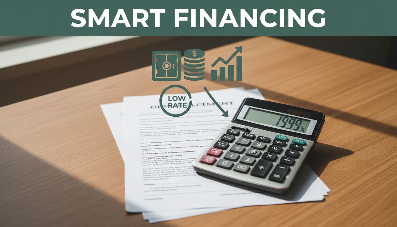 Calculator and loan documents on wooden desk with bank icons and low interest graphs under dark-green 'Smart Financing' band.