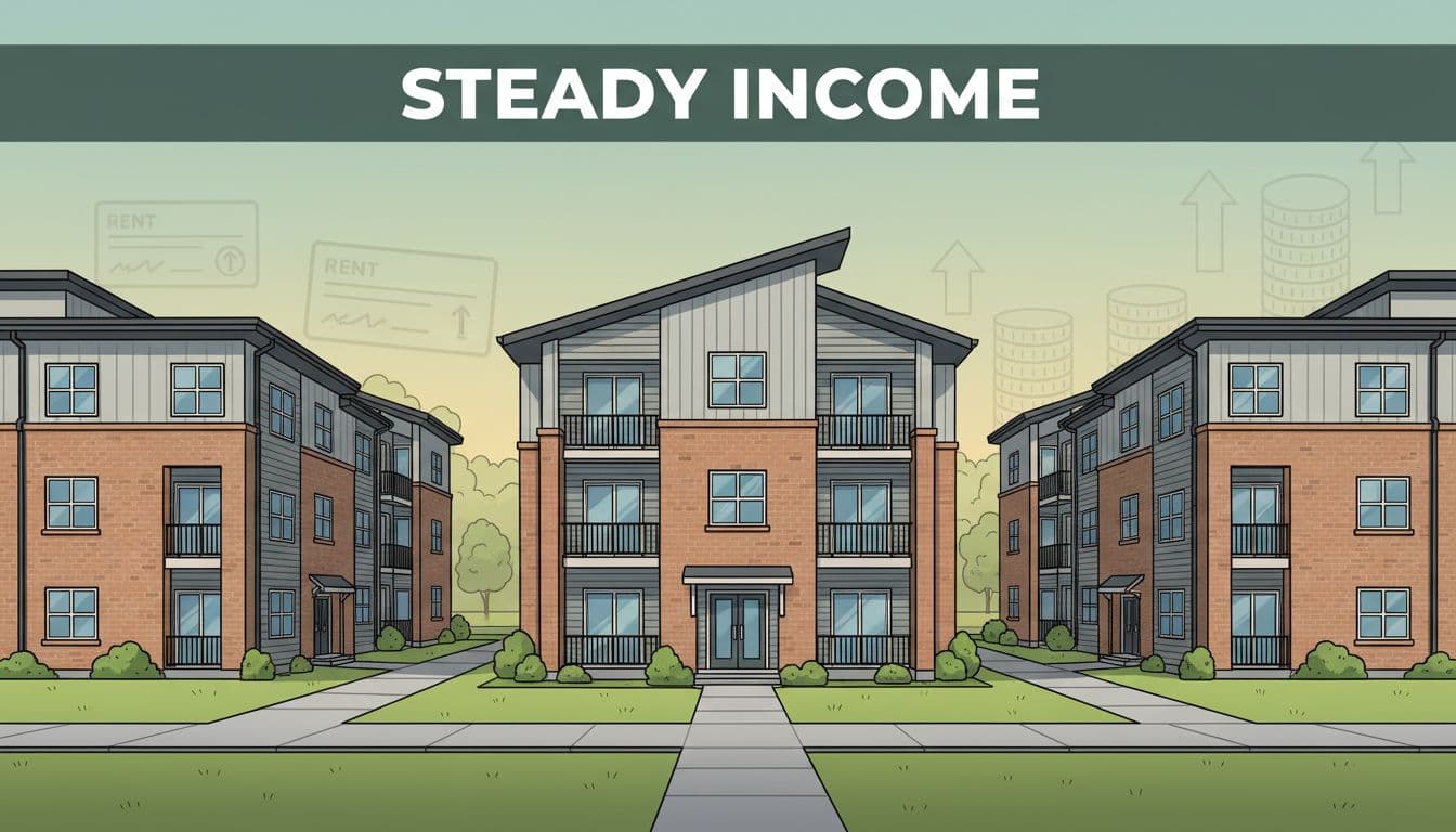 Row of multifamily apartment buildings on green lawns with subtle rent icons and top dark-green 'Steady Income' band.