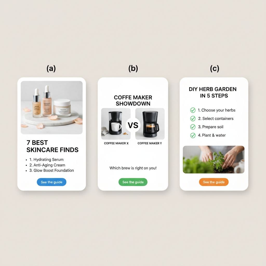 Square image displaying three Pinterest-style affiliate pin mockups: listicle with numbered products, comparison with side-by-side images, and how-to checklist with steps, on a neutral light background.