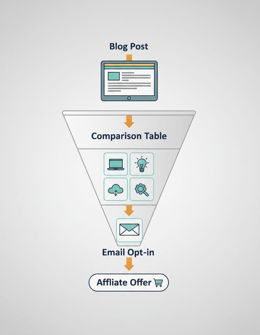 Subtle flat design illustration of a vertical marketing funnel depicting stages from Blog Post with article image, to Comparison Table, Email Opt-in form, and Affiliate Offer button, connected by amber arrows.