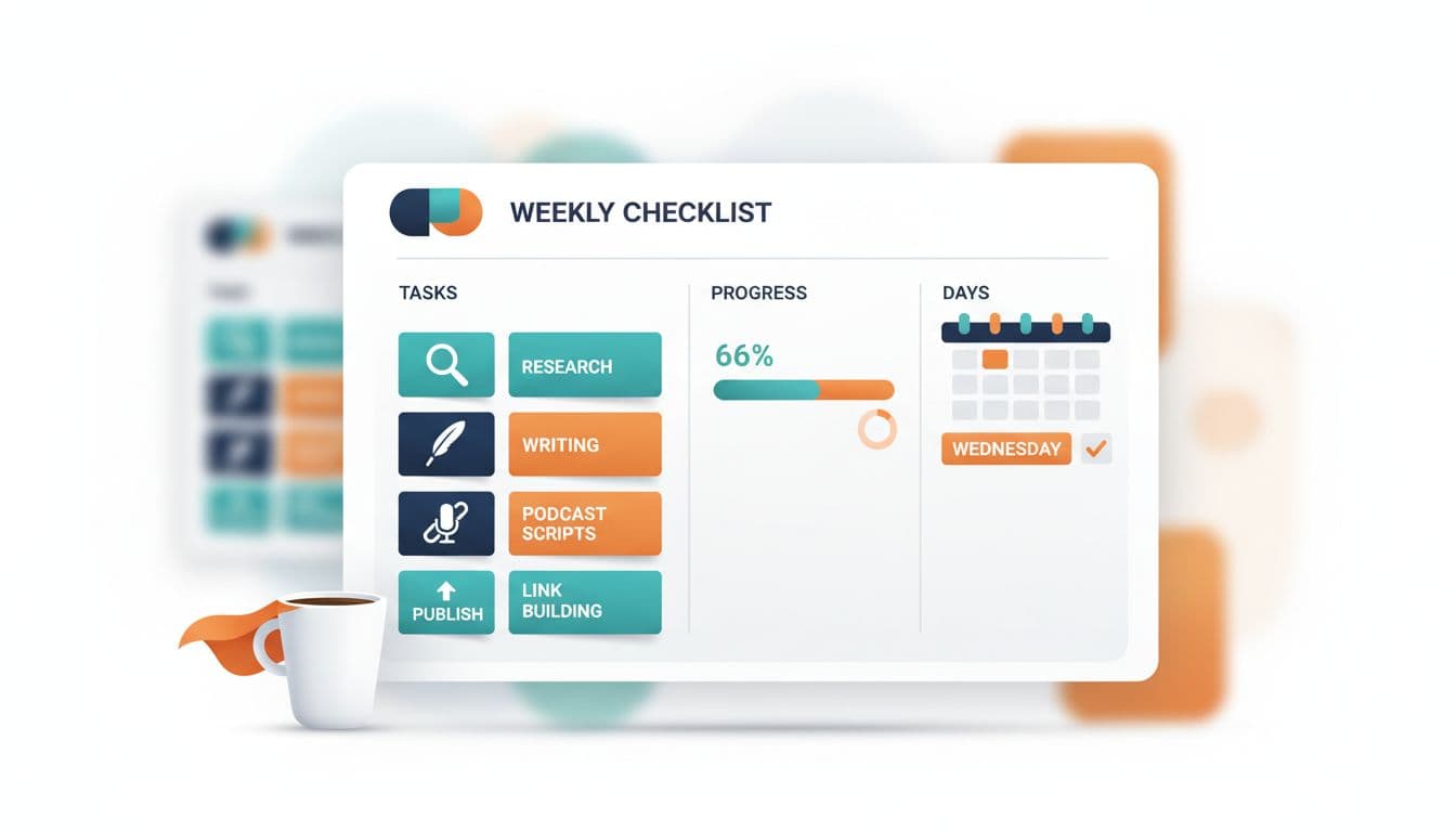 A tidy desk setup featuring colorful sticky notes with checklist items for an affiliate content sprint, task icons like research and writing, a filling progress bar, calendar elements, and a humorous coffee cup with a tiny cape. Clean modern flat-vector style with navy, teal, and warm orange colors.