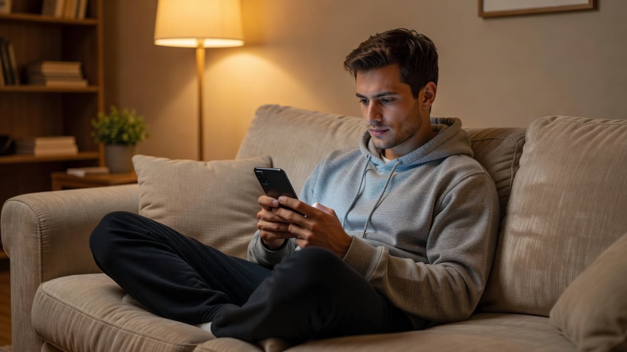 يجلس شخص في وضعية مريحة على أريكة وثيرة وهو يمسك بهاتف ذكي تظهر شاشته مضيئة. تنعكس الإضاءة الدافئة على وجهه بينما يركز بانتباه على تحميل مقطع فيديو من خلال التطبيق.