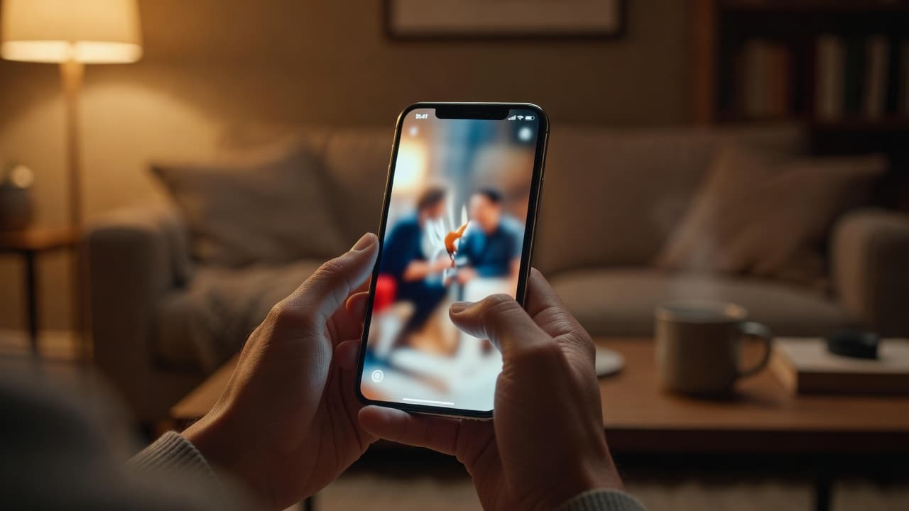شخص يمسك هاتفا ذكيا يعرض واجهة فيديوهات عمودية داخل غرفة معيشة دافئة الإضاءة. تظهر الشاشة بتفاصيل غير واضحة مع خلفية مريحة تعكس أجواء الاسترخاء المنزلي.