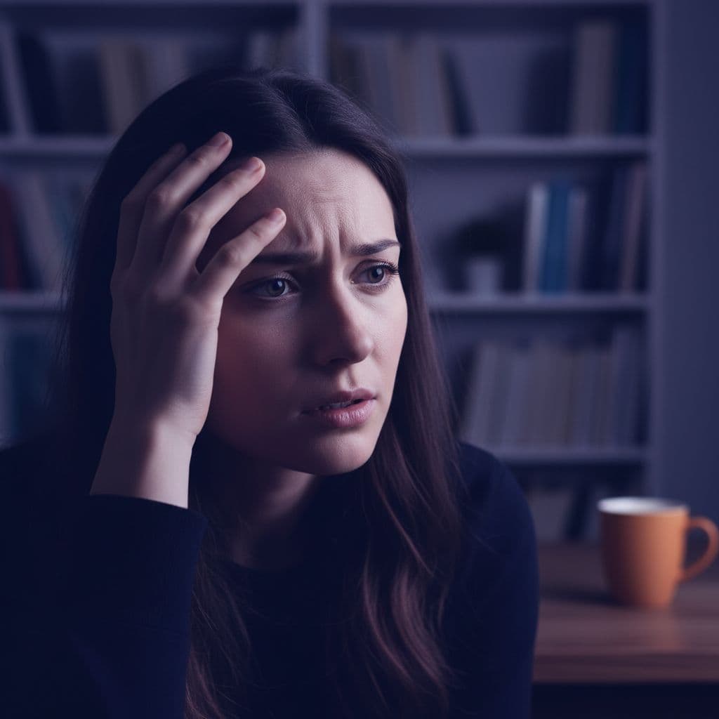 Close-up of woman's confused face with hand on forehead against soft home background of books and coffee.