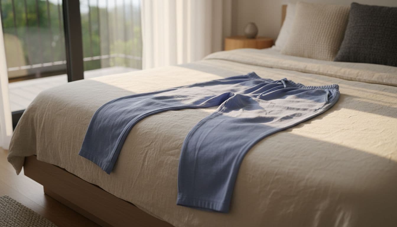 Soft cotton loungewear pants laid flat on a clean modern bed with morning light from window.