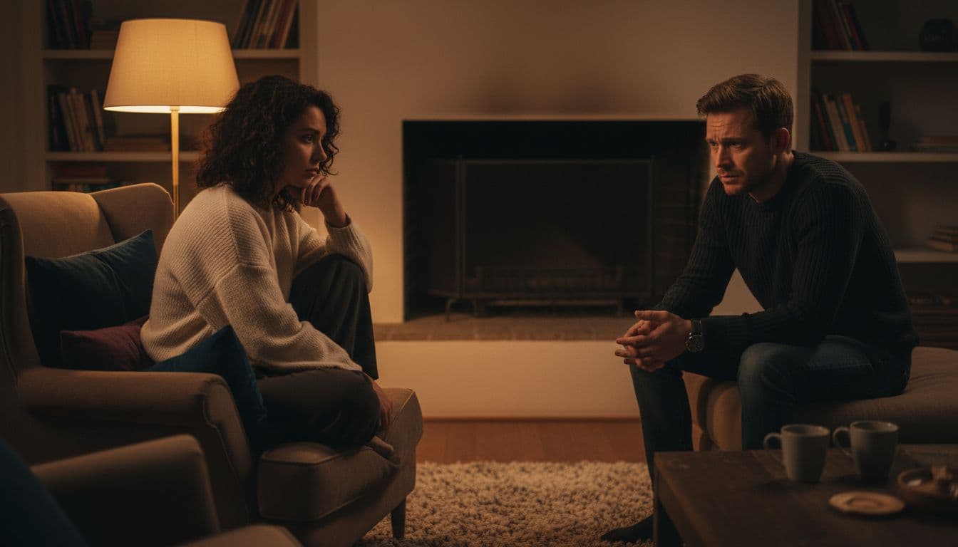 Thoughtful woman sits apart from concerned man in warmly lit cozy living room.