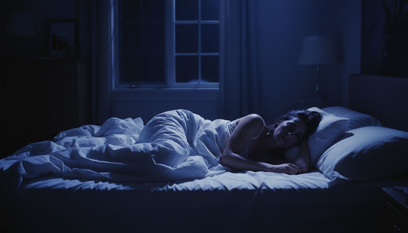 Woman tosses in tangled sheets in moonlit bedroom with frustrated expression.