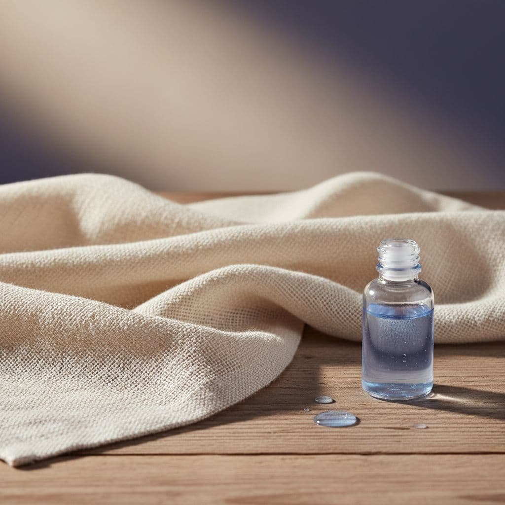 Close-up of a neutral linen towel draped over wood next to a small glass bottle.
