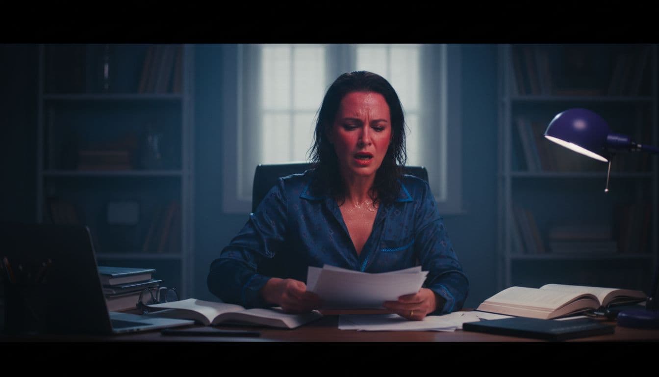 Middle-aged woman at home office desk fans herself with papers, sweat on forehead, intense expression.