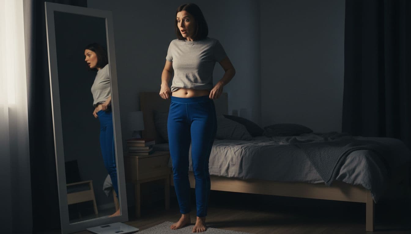 Woman with surprised expression tries tight pants in bedroom mirror, scale nearby.