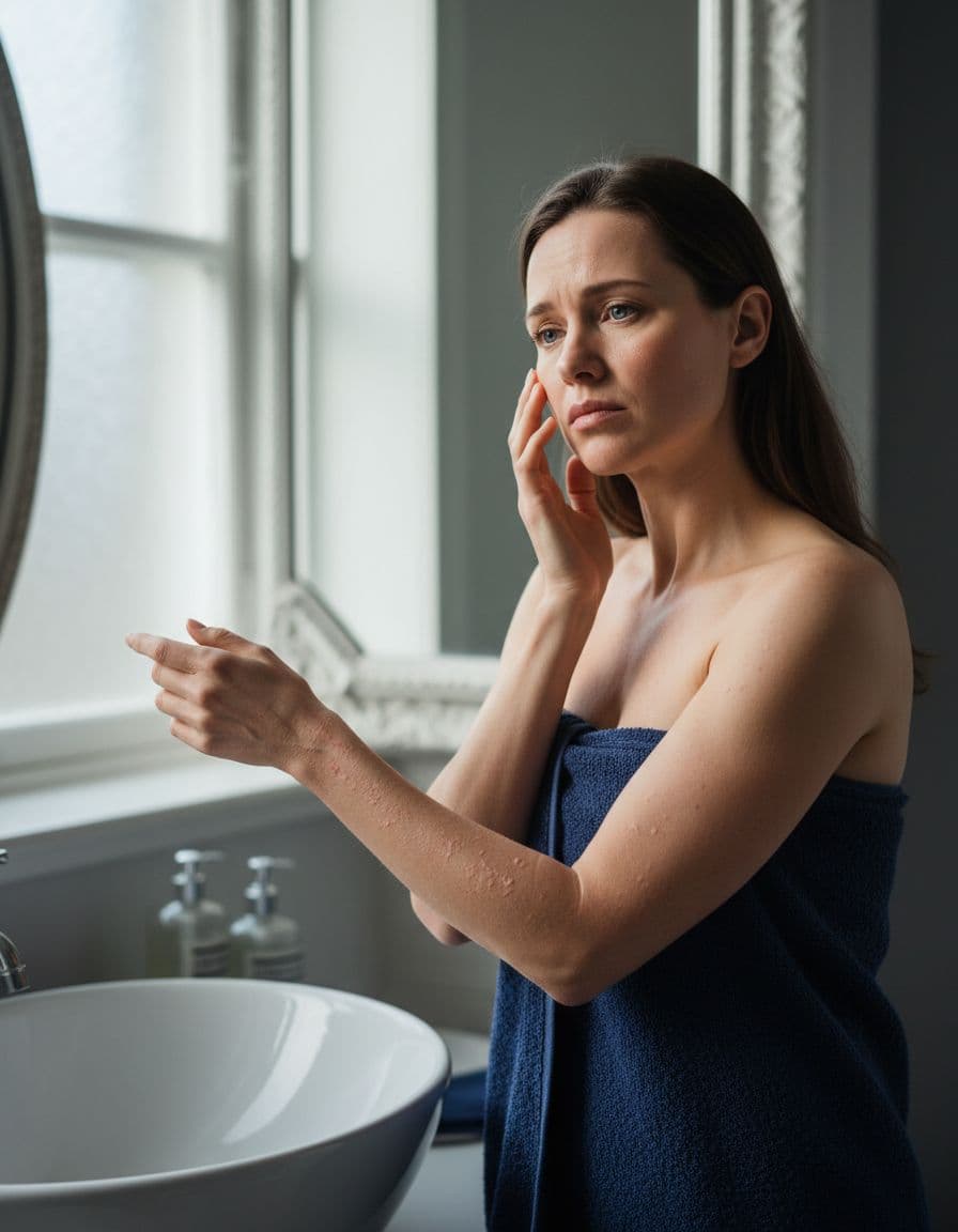 Concerned woman in towel touches dry skin on face and arms in bathroom mirror.
