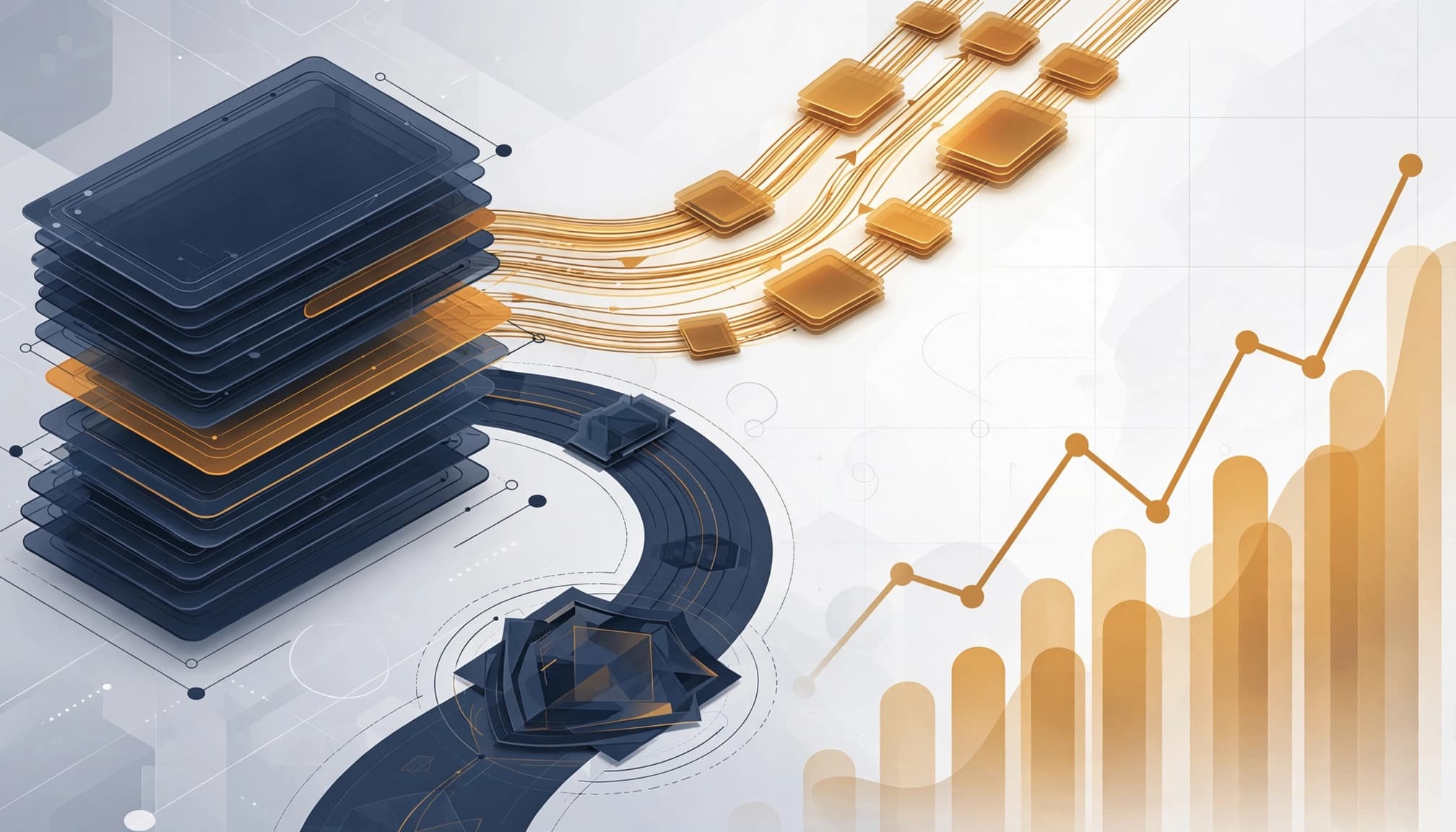 Abstract ad auction with layered bids, a reserve path, and a rising cost graph.