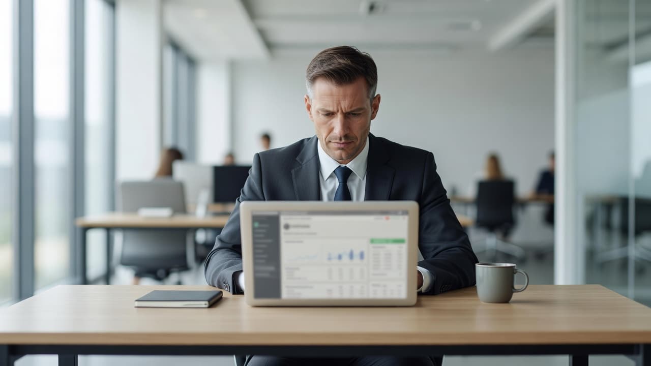 A professional sits at a clean, minimalist desk staring intently at a laptop screen. The soft focus emphasizes their worried expression as they navigate complex data displayed on the computer monitor.