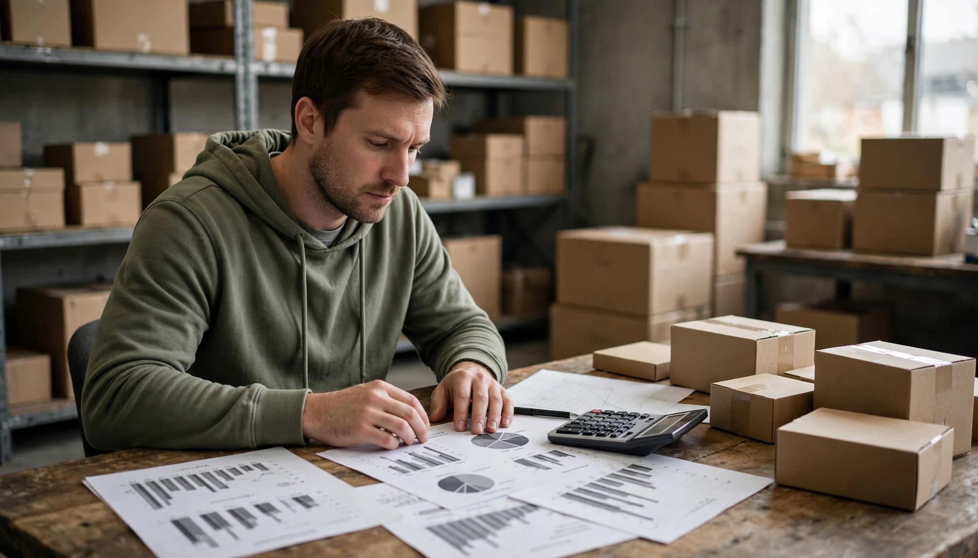 A business owner reviews charts, a calculator, and product boxes at a warehouse table.