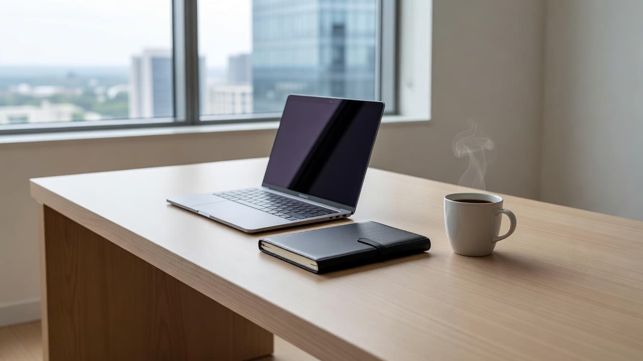 A clean white desk features an open laptop, a spiral notebook, and a steaming coffee mug. Sunlight streams through a nearby window, illuminating the organized professional workspace and minimalist office supplies.