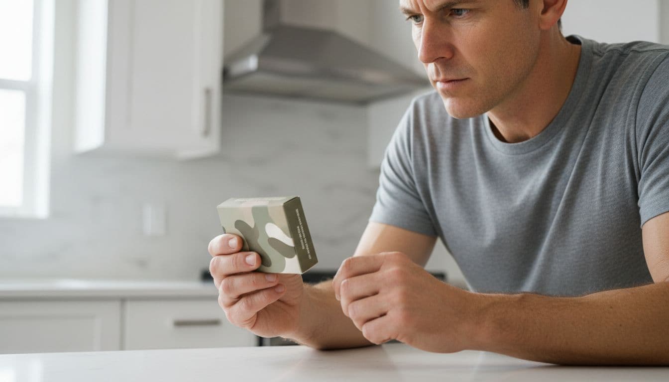 Ultra-realistic photograph of an adult in their 30s holding a New York cannabis edible package close to their eyes in a modern kitchen, showing a concentrated expression while checking potency information.