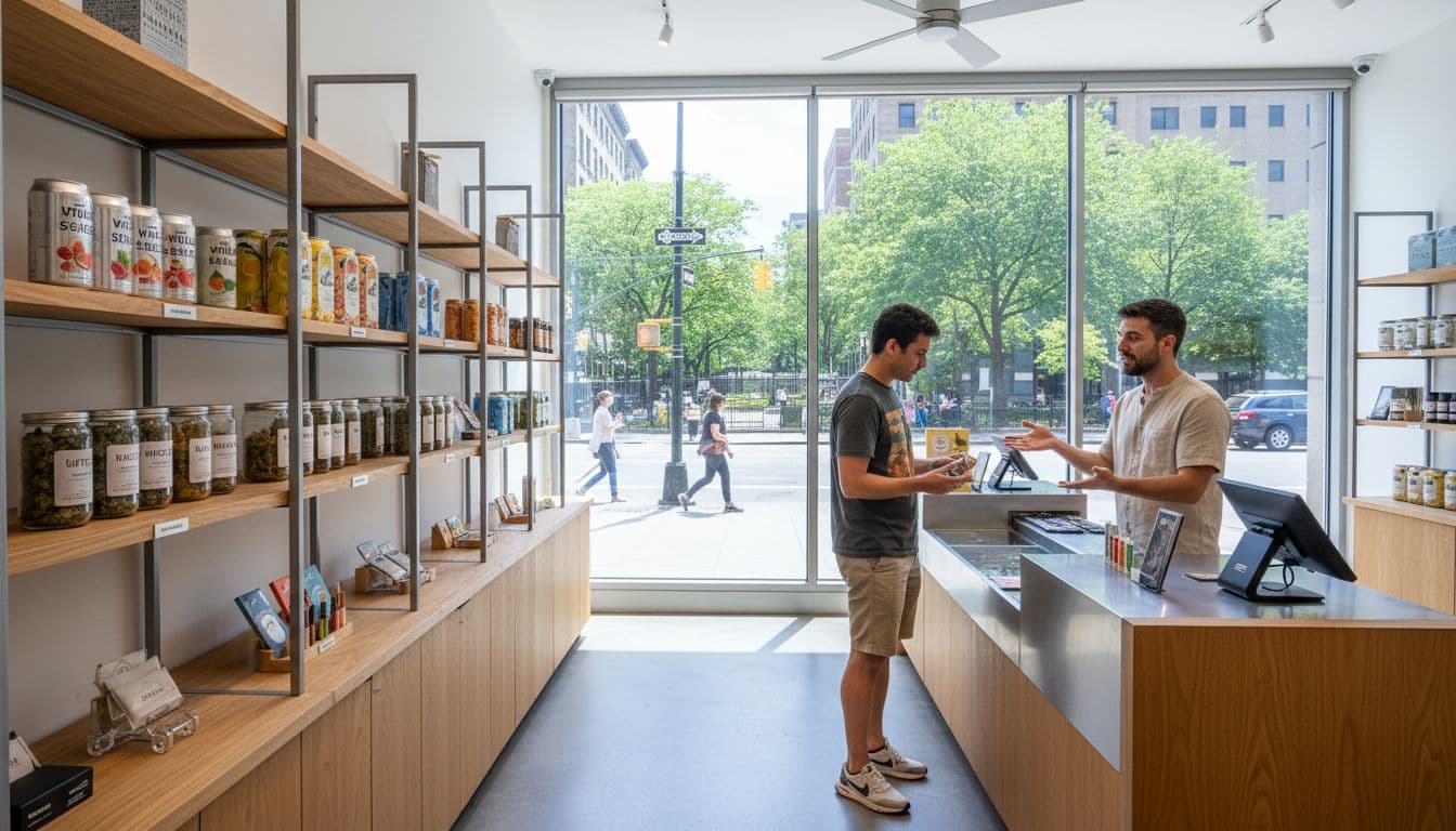 Ultra-realistic photograph of a licensed cannabis dispensary in Brooklyn NYC during summer, showcasing chilled infused seltzers, flower strains, vaporizers, and event accessories with natural sunlight and a budtender-customer interaction.