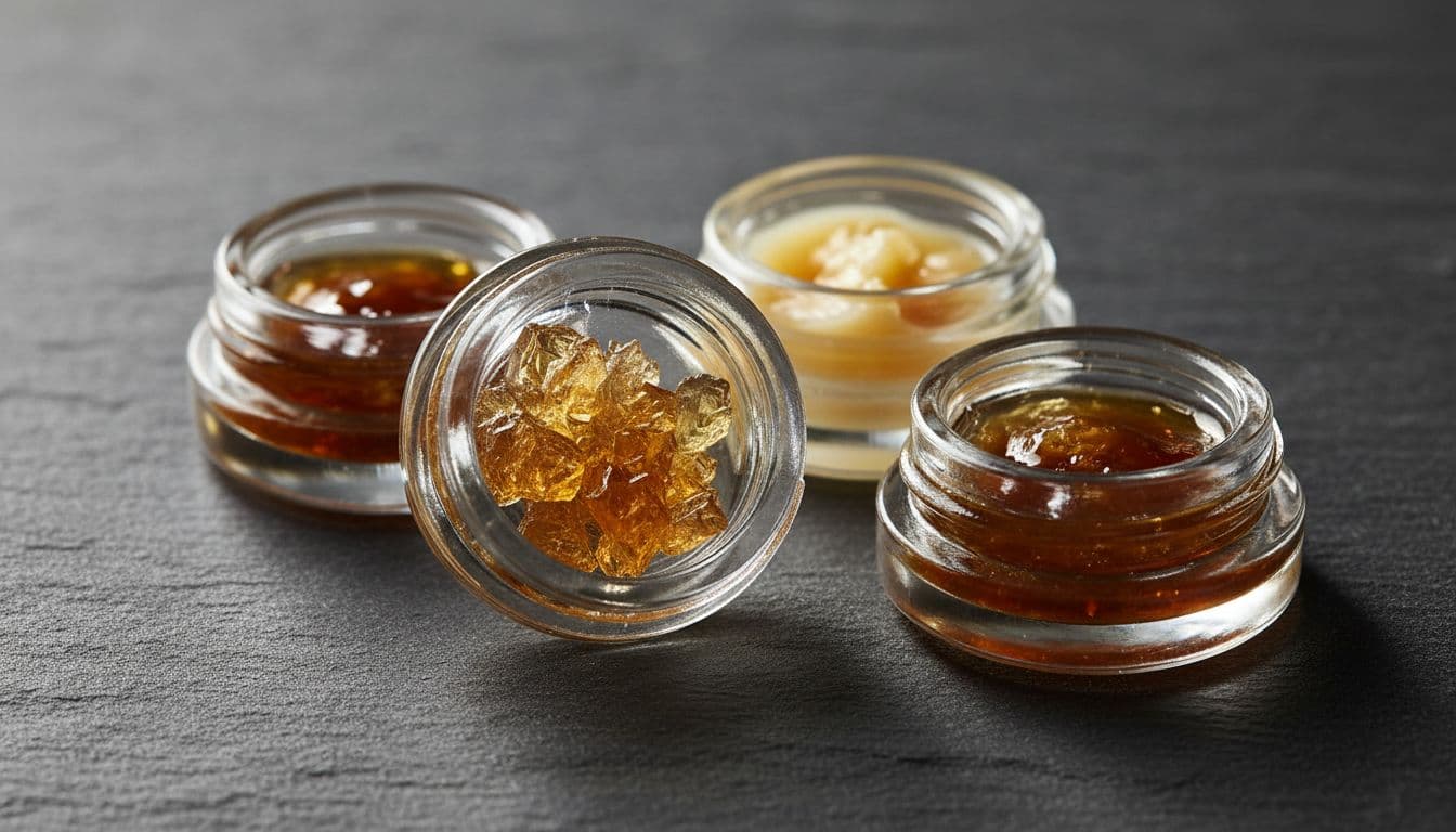 Close-up view of cannabis concentrates such as shatter and wax stored in small glass dab jars on a dark slate surface, with one jar open to show the crystalline extract, captured in ultra-realistic professional photography.