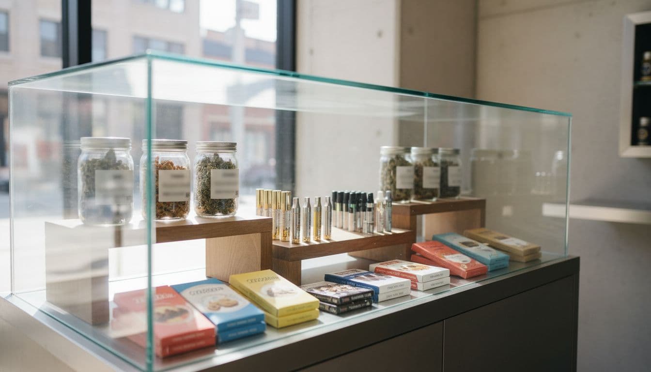 Close-up realistic photograph of a well-lit glass display case in a NYC cannabis dispensary featuring neatly arranged flower jars, vape cartridges, and edible packages with blurred labels.