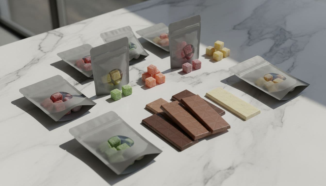 Neatly arranged cannabis-infused gummies and chocolate bars in child-resistant packaging on a marble countertop, captured in ultra-realistic professional photography with natural lighting and sharp details.