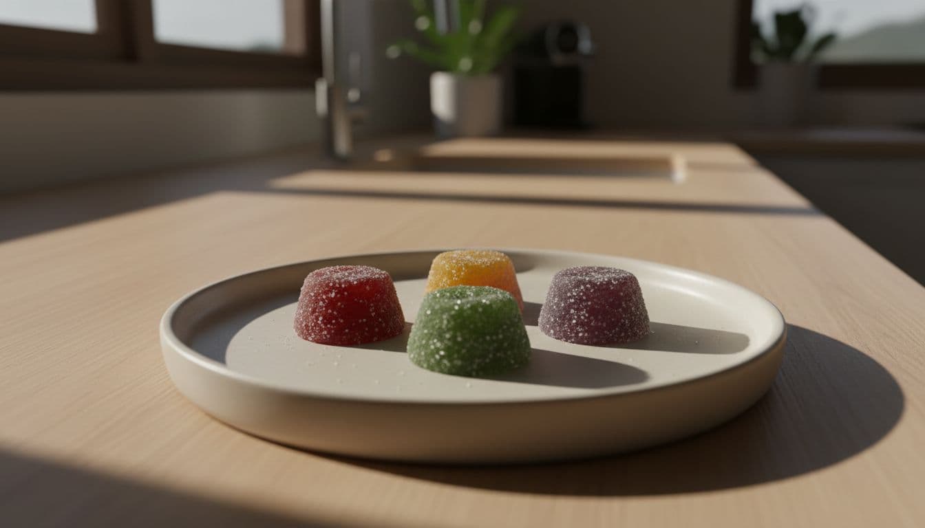 Four cannabis-infused gummies arranged as a precise single serving on a simple plate in a home kitchen, captured in ultra-realistic HDR photography with warm natural light, sharp focus, and detailed textures.